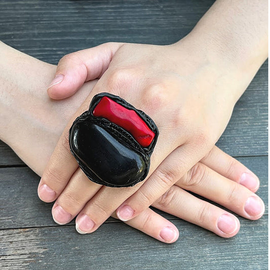 Black Obsidian ring, Coral ring, big stone ring, large cocktail ring, chunky ring