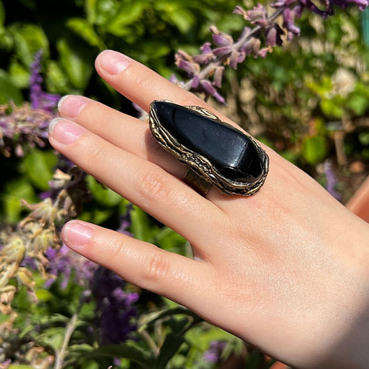 Black Onyx ring, long ring, big stone ring, large full finger ring