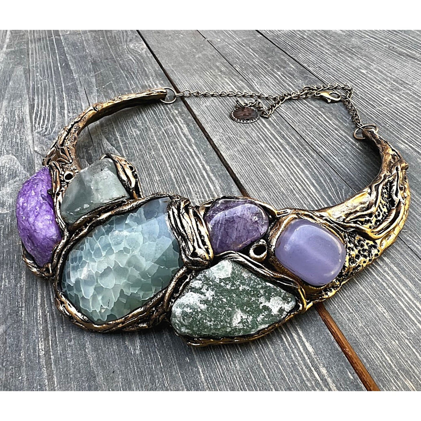 Chunky gemstone necklace, collar choker green purple necklace, Fluorite Calcite Aventurine statement bib necklace