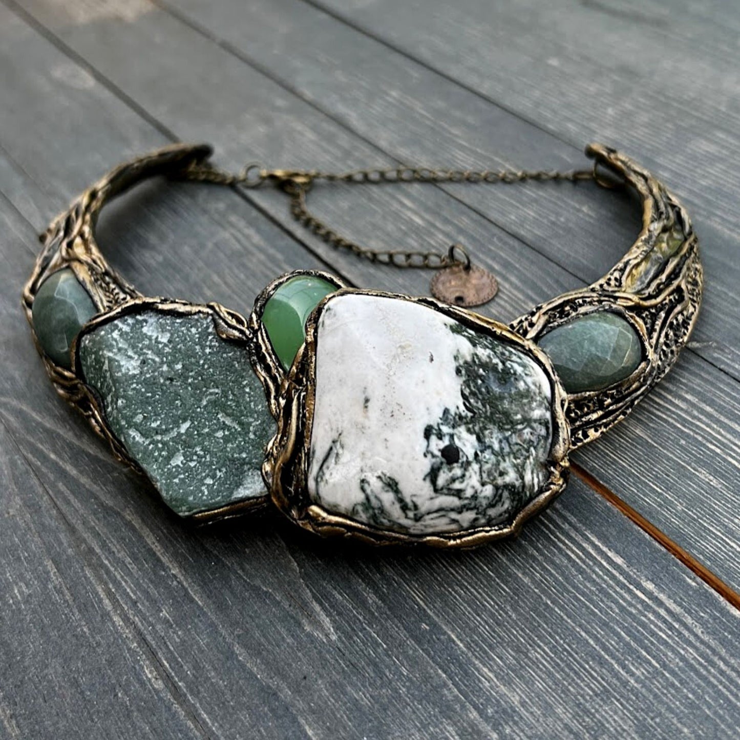 Green Aventurine collar choker necklace, chunky stone necklace, Tree Agate statement necklace by Inna Zlotnik.