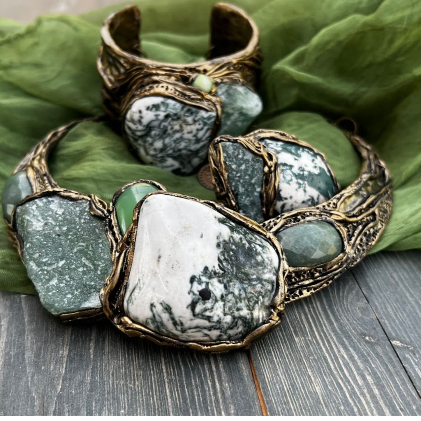 Green Aventurine collar choker necklace, chunky stone necklace, Tree Agate statement necklace by Inna Zlotnik.