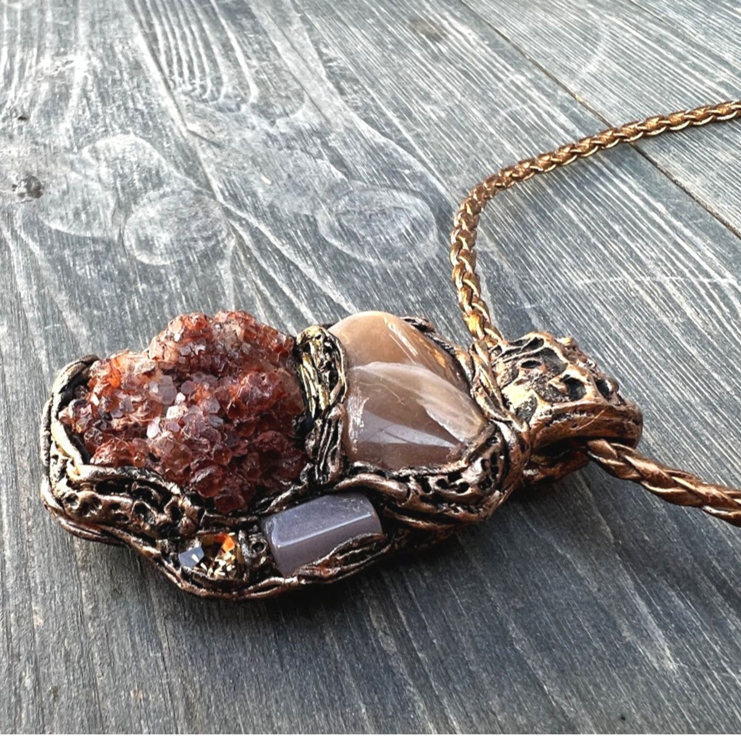 Raw crystal necklace, Moonstone, Aragonite & Sunstone necklace