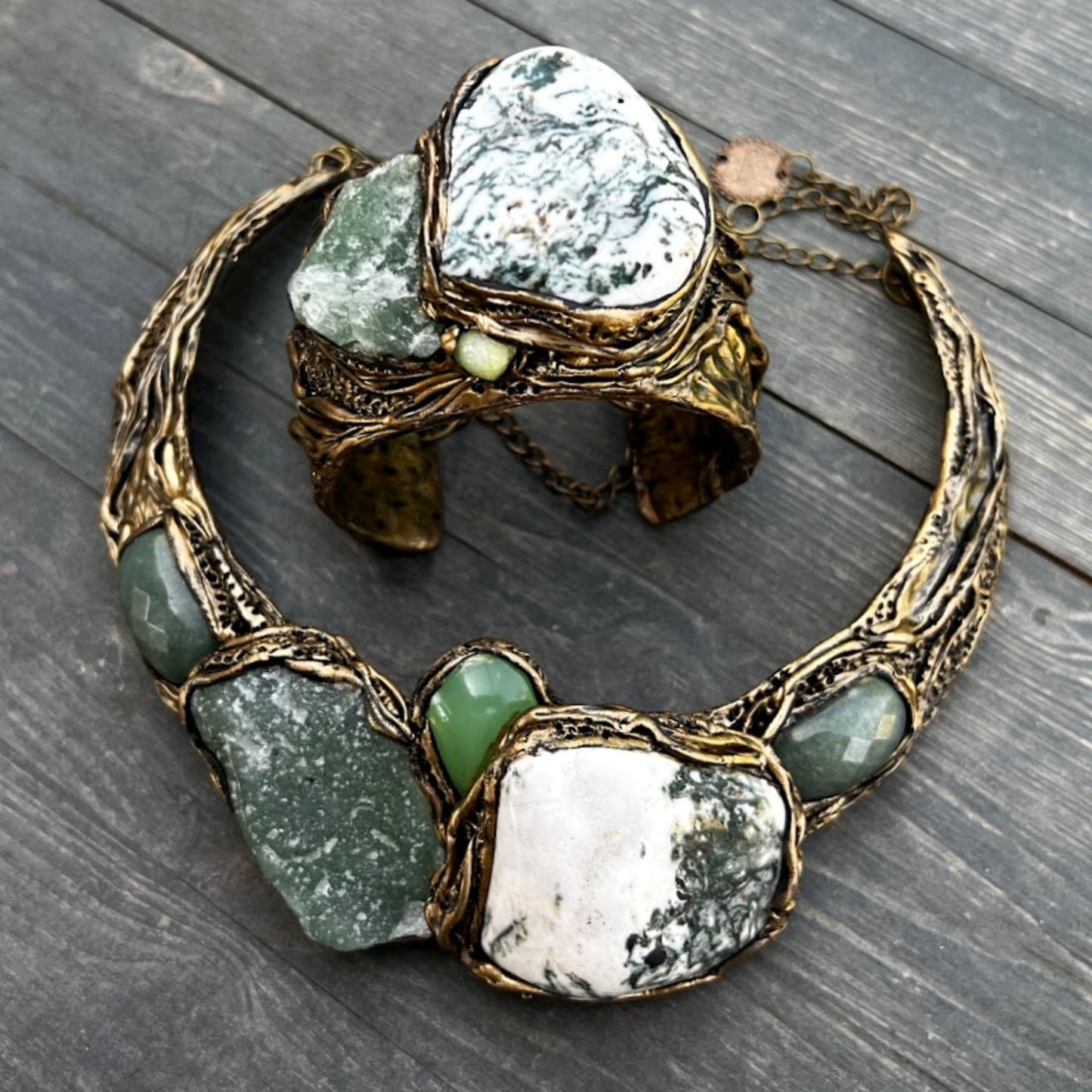 Green Aventurine collar choker necklace, chunky stone necklace, Tree Agate statement necklace by Inna Zlotnik.