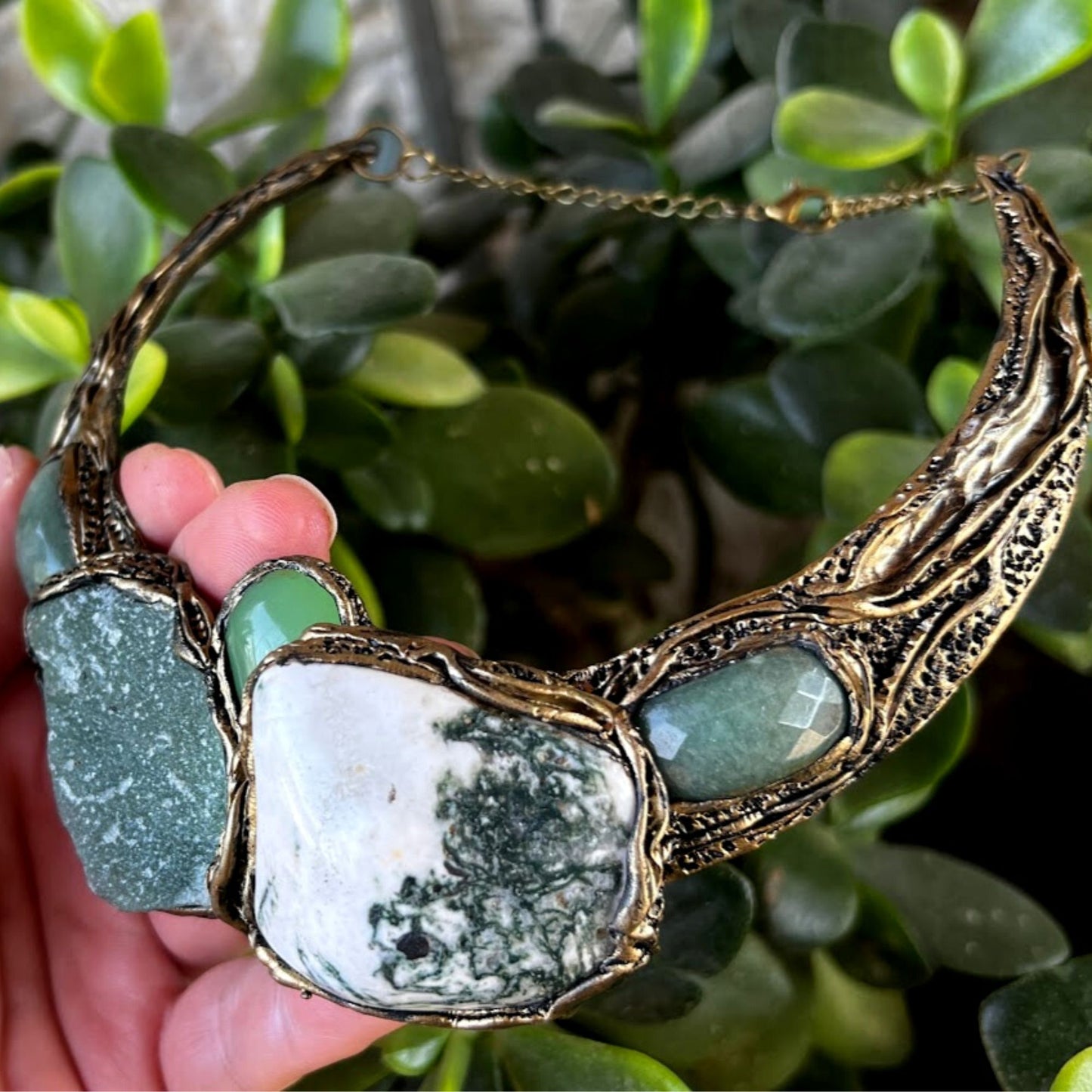 Green Aventurine collar choker necklace, chunky stone necklace, Tree Agate statement necklace by Inna Zlotnik.