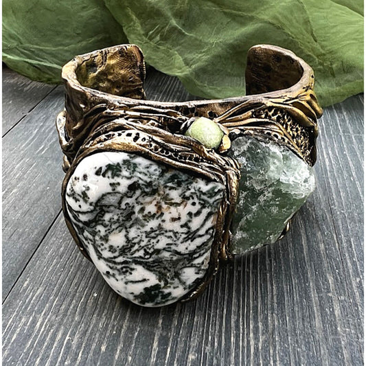 Cuff bracelet, Green Aventurine chunky boho bracelet, Tree Agate gemstone bangle,