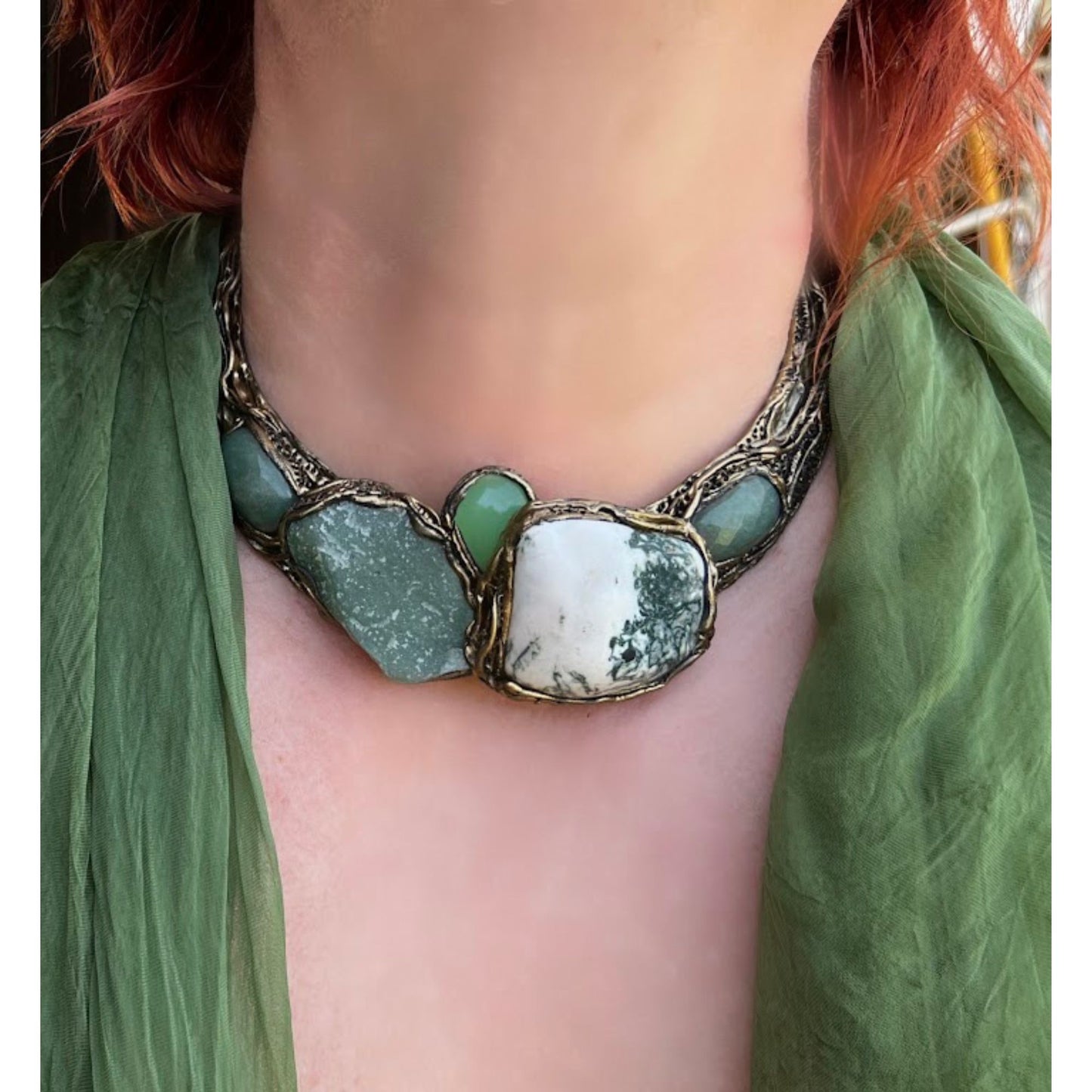 Green Aventurine collar choker necklace, chunky stone necklace, Tree Agate statement necklace by Inna Zlotnik.