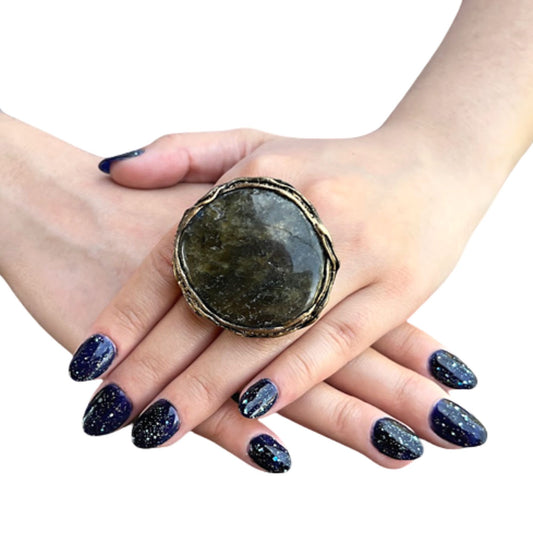 Oversize Huge gemstone circle ring, Labradorite ring, big chunky stone ring, large cocktail ring