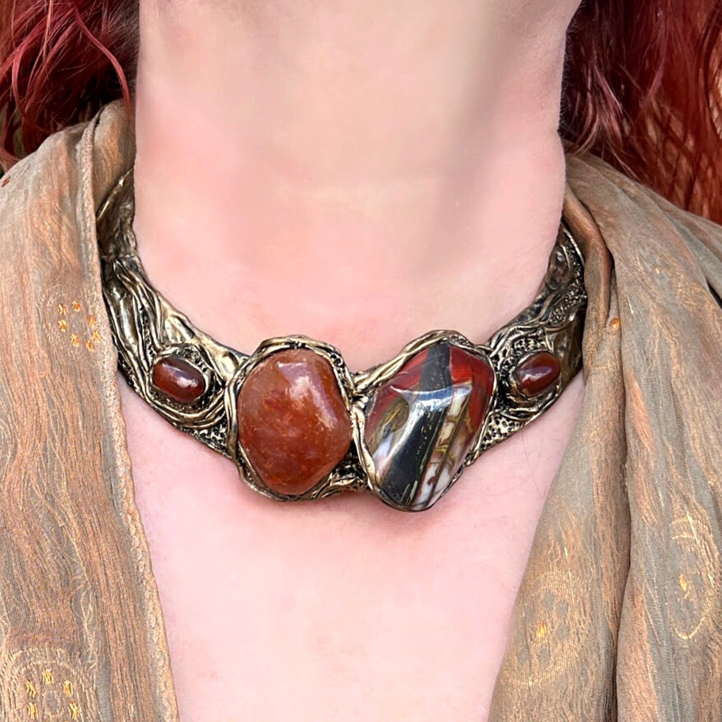 Carnelian collar choker necklace, Jasper chunky necklace, designer statement necklace