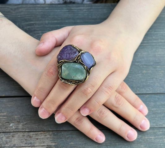 Chunky stone ring, Raw crystal ring, statement large cocktail ring, Chalcedony & Fluorite ring