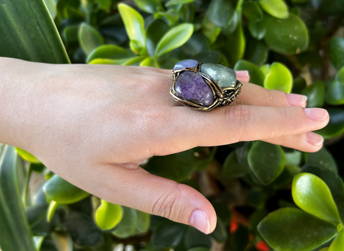 Chunky stone ring, Raw crystal ring, statement large cocktail ring, Chalcedony & Fluorite ring