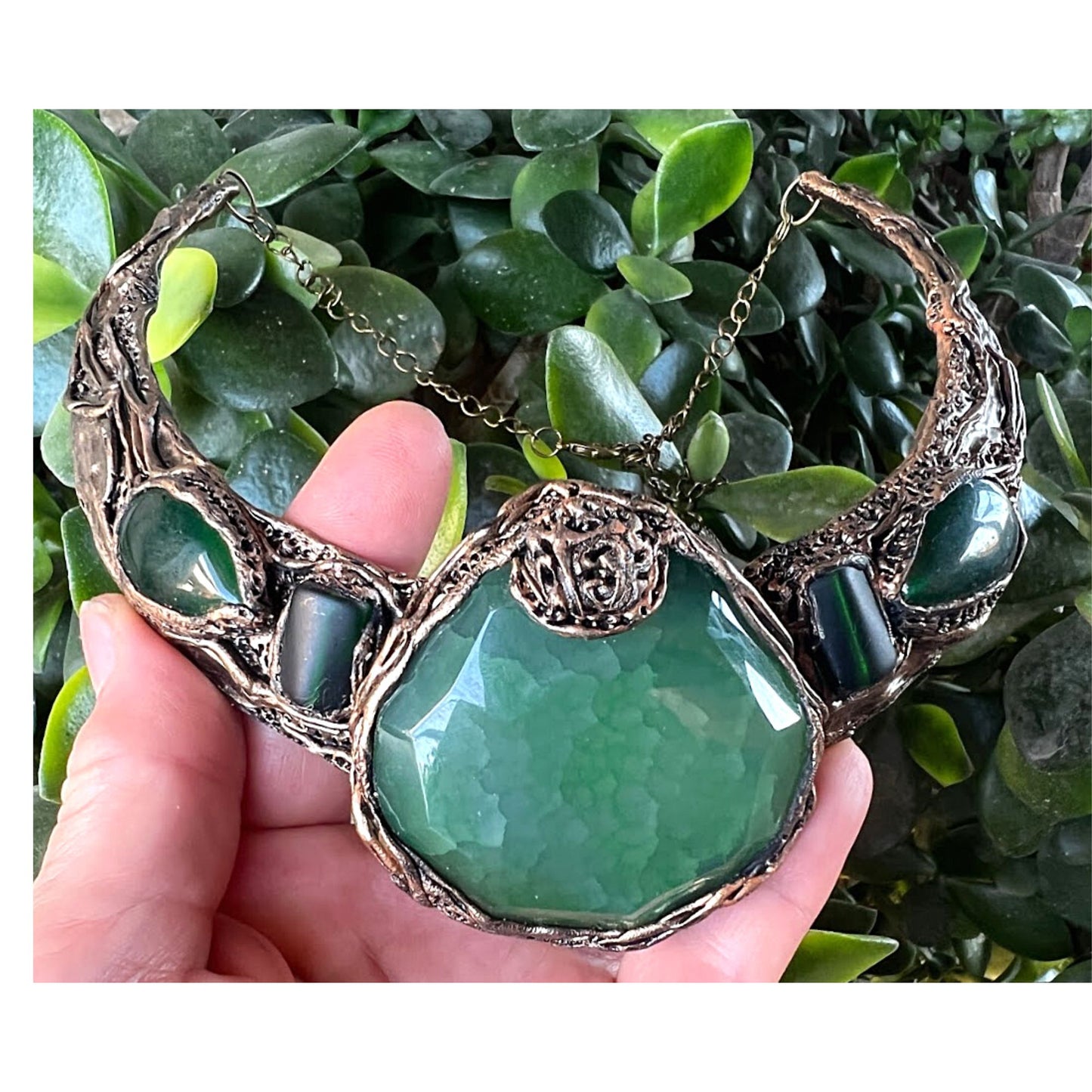 Green chunky collar necklace, Agate wide choker