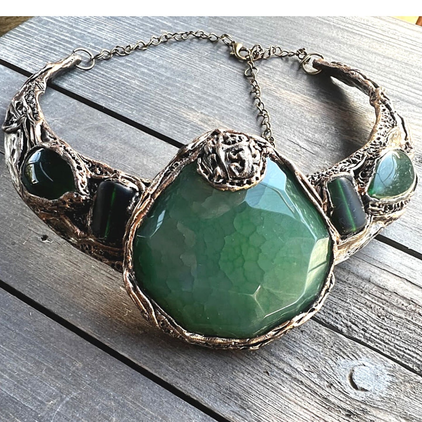 Green chunky collar necklace, Agate wide choker