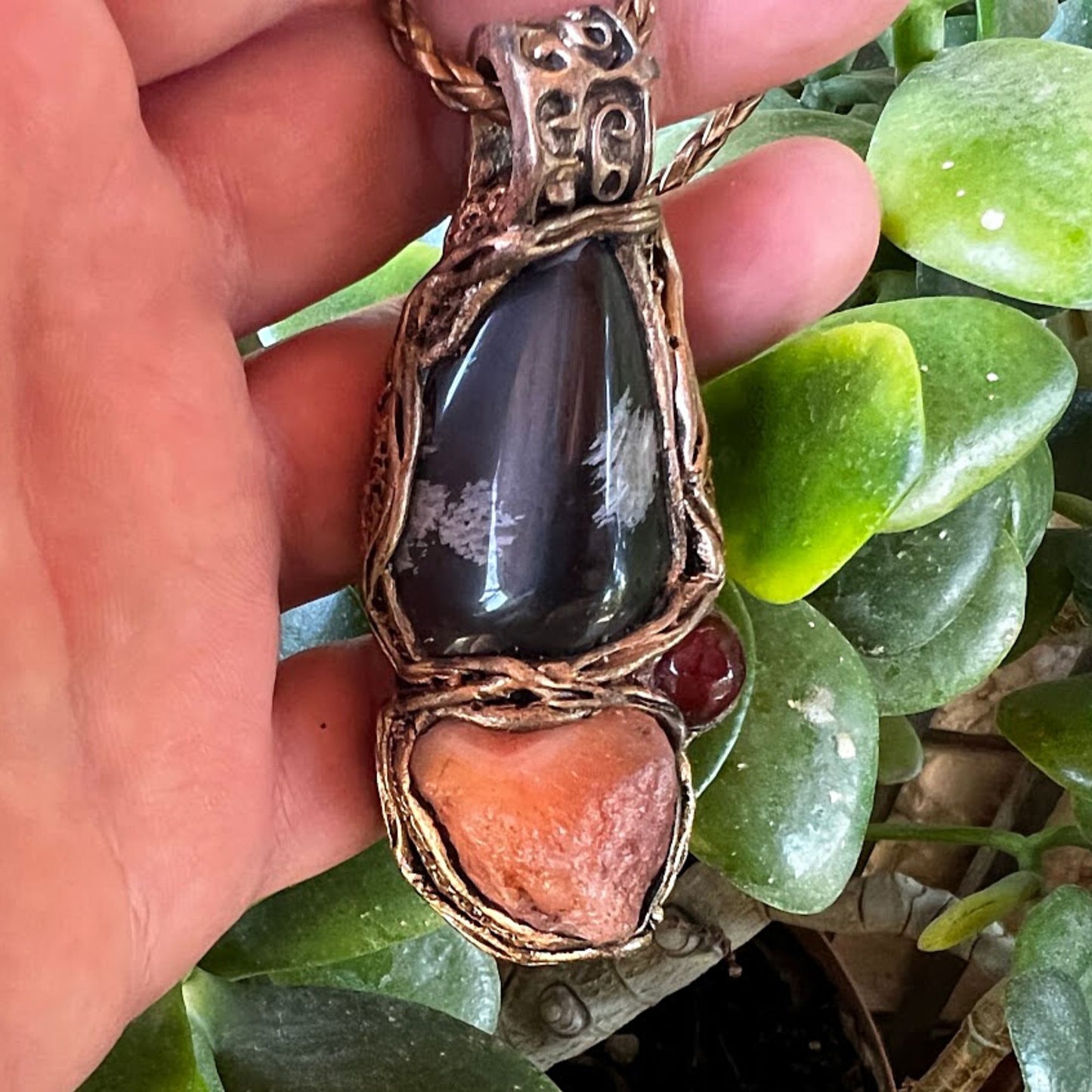 Snowflake Obsidian and Carnelian Raw Crystal Pendant Necklace, Large Stone Healing Amulet for Balance and Energy