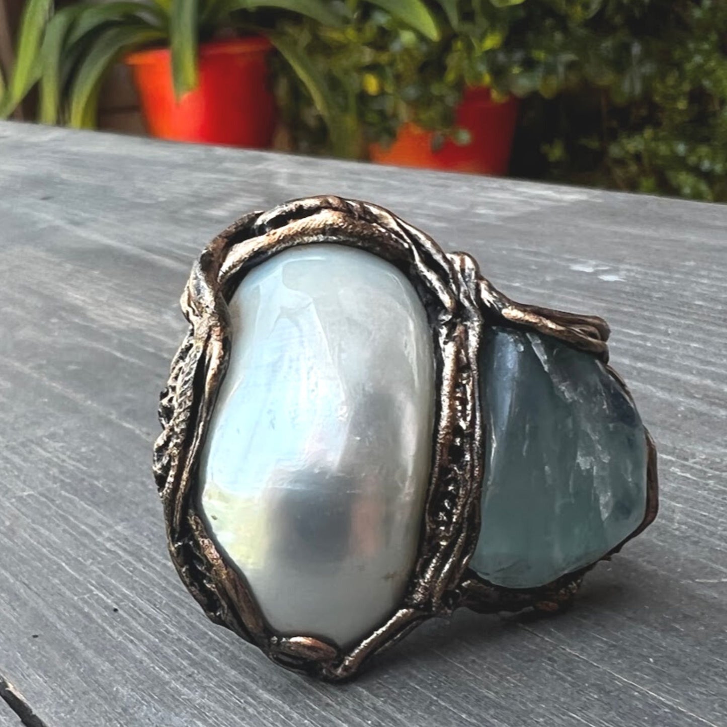 Mother of pearl ring, Fluorite ring, big white chunky ring, huge modern cocktail ring