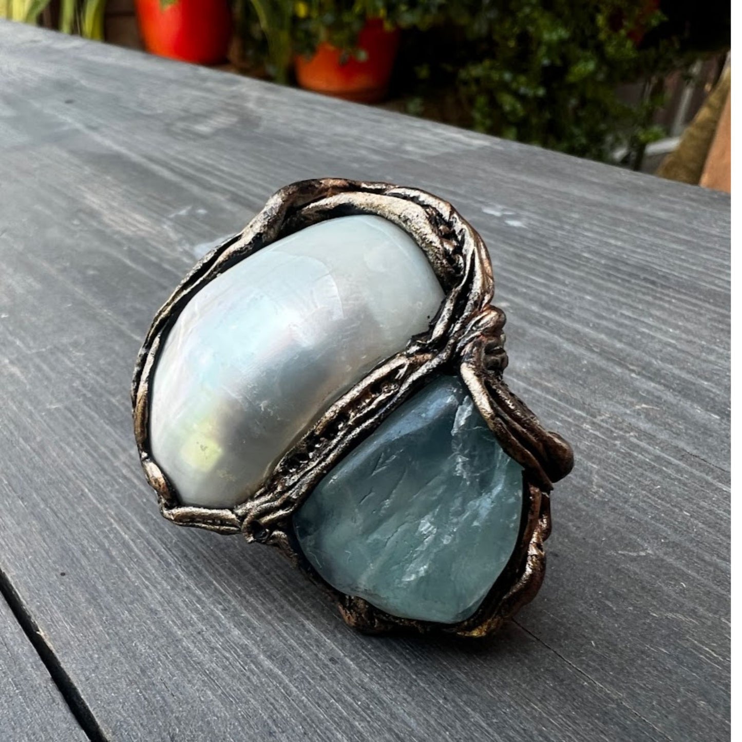 Mother of pearl ring, Fluorite ring, big white chunky ring, huge modern cocktail ring