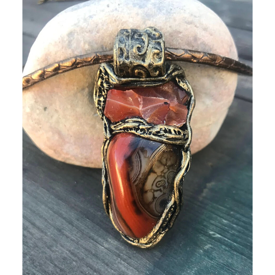 Carnelian pendant, raw crystal necklace, Botswana Agate large stone pendant