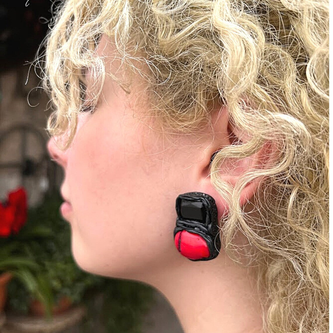 Large Coral chunky stud earrings, red and black post earrings