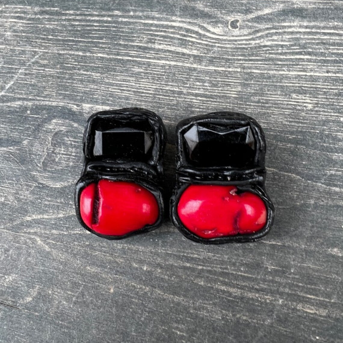 Large Coral chunky stud earrings, red and black post earrings