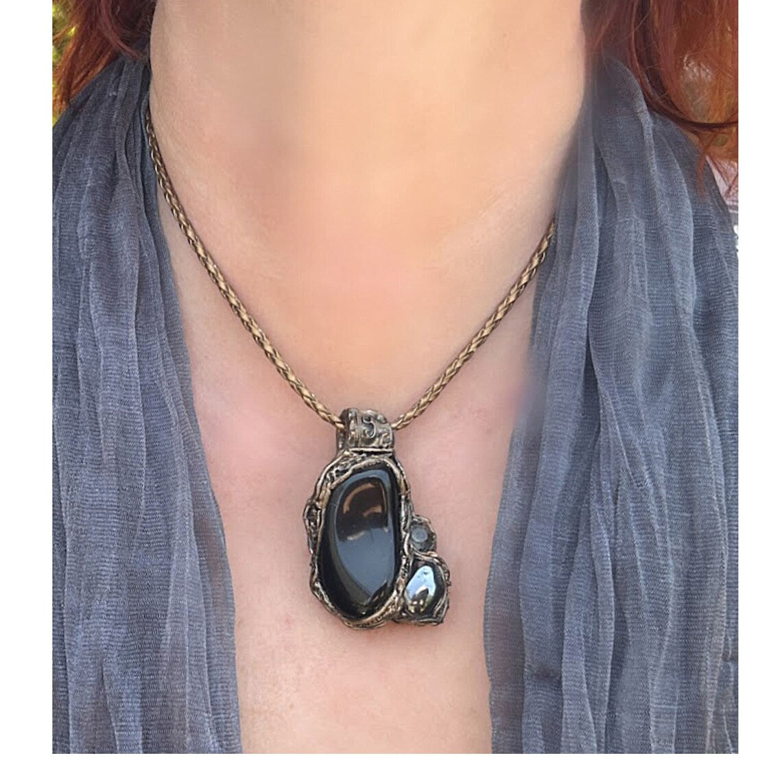 Black Obsidian & Hematite pendant, protection stone necklace