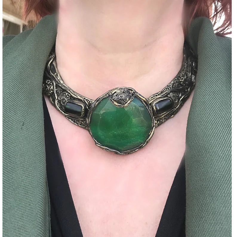 Green chunky collar necklace, Agate wide choker