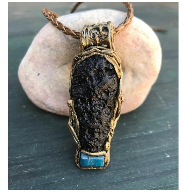 Meteorite necklace, blue Apatite pendant,, raw stone necklace