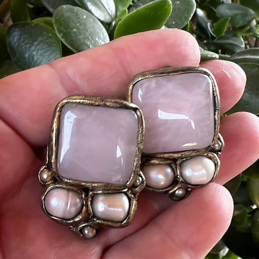 Rose quartz earrings, statement pearl and crystal earrings, light blush pink clip on earrings, modern square earrings