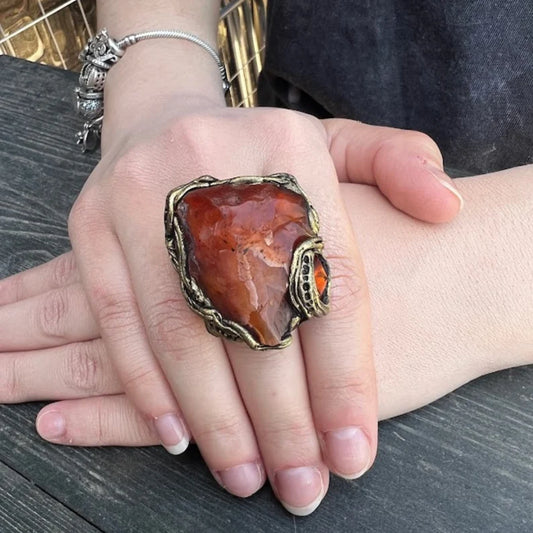 Raw gemstone ring, huge Carnelian large stone ring