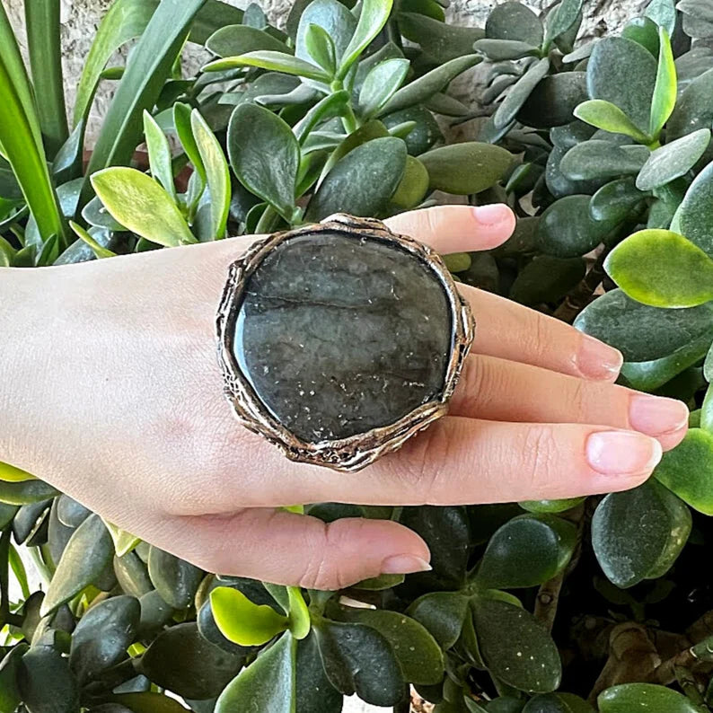 Oversize huge gemstone ring, Labradorite ring, big chunky stone ring, large cocktail ring